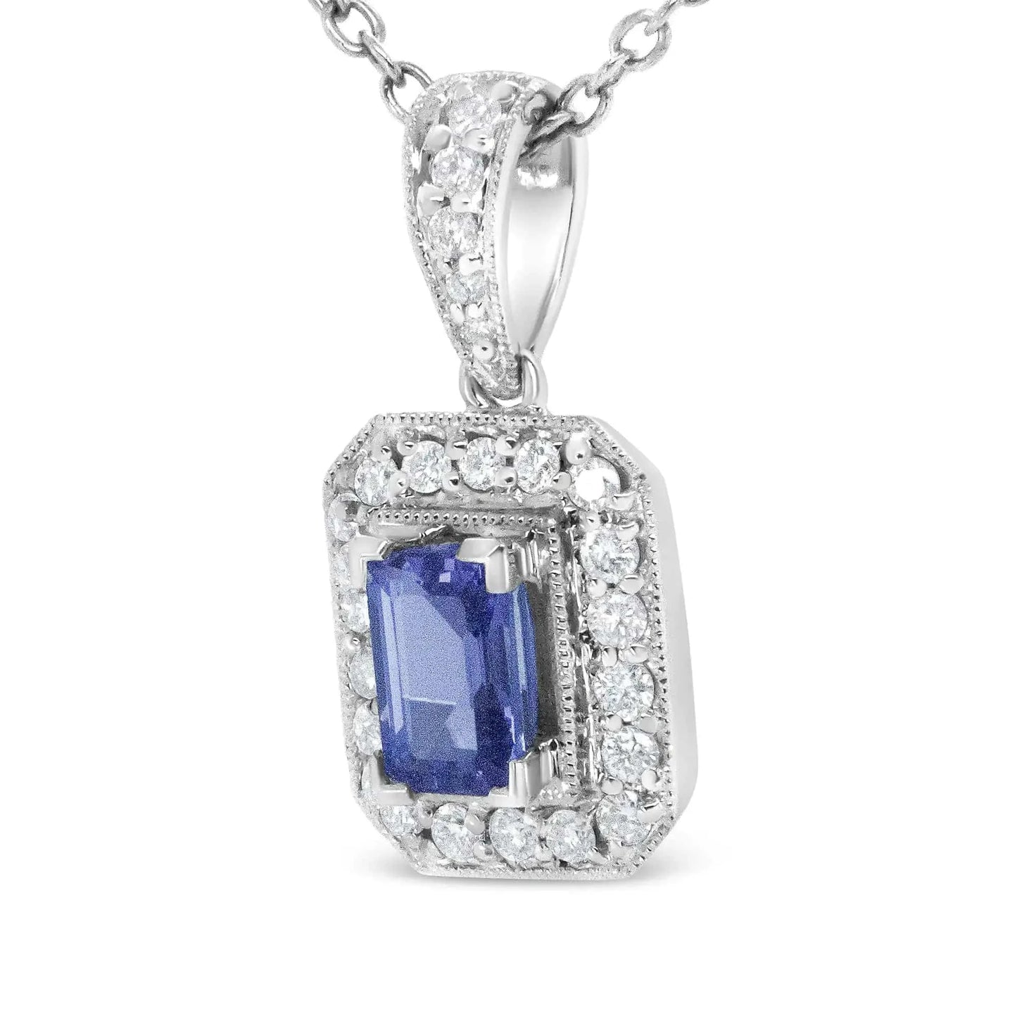 18K White Gold 1/4 Cttw Round Diamond and 6x4mm Purple Tanzanite Halo 18" Pendant Necklace (H-I Color, VS1-VS2 Clarity) Fair Prices Online