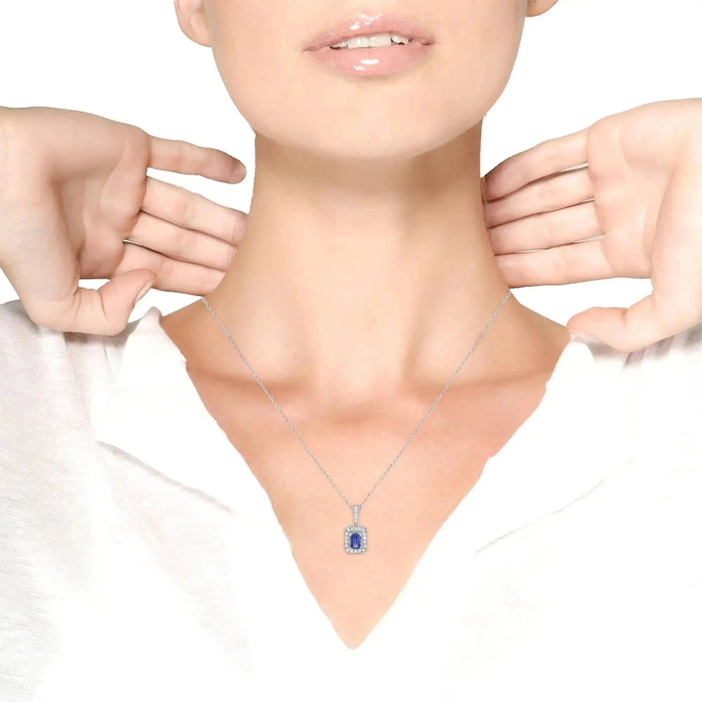 18K White Gold 1/4 Cttw Round Diamond and 6x4mm Purple Tanzanite Halo 18" Pendant Necklace (H-I Color, VS1-VS2 Clarity) Fair Prices Online