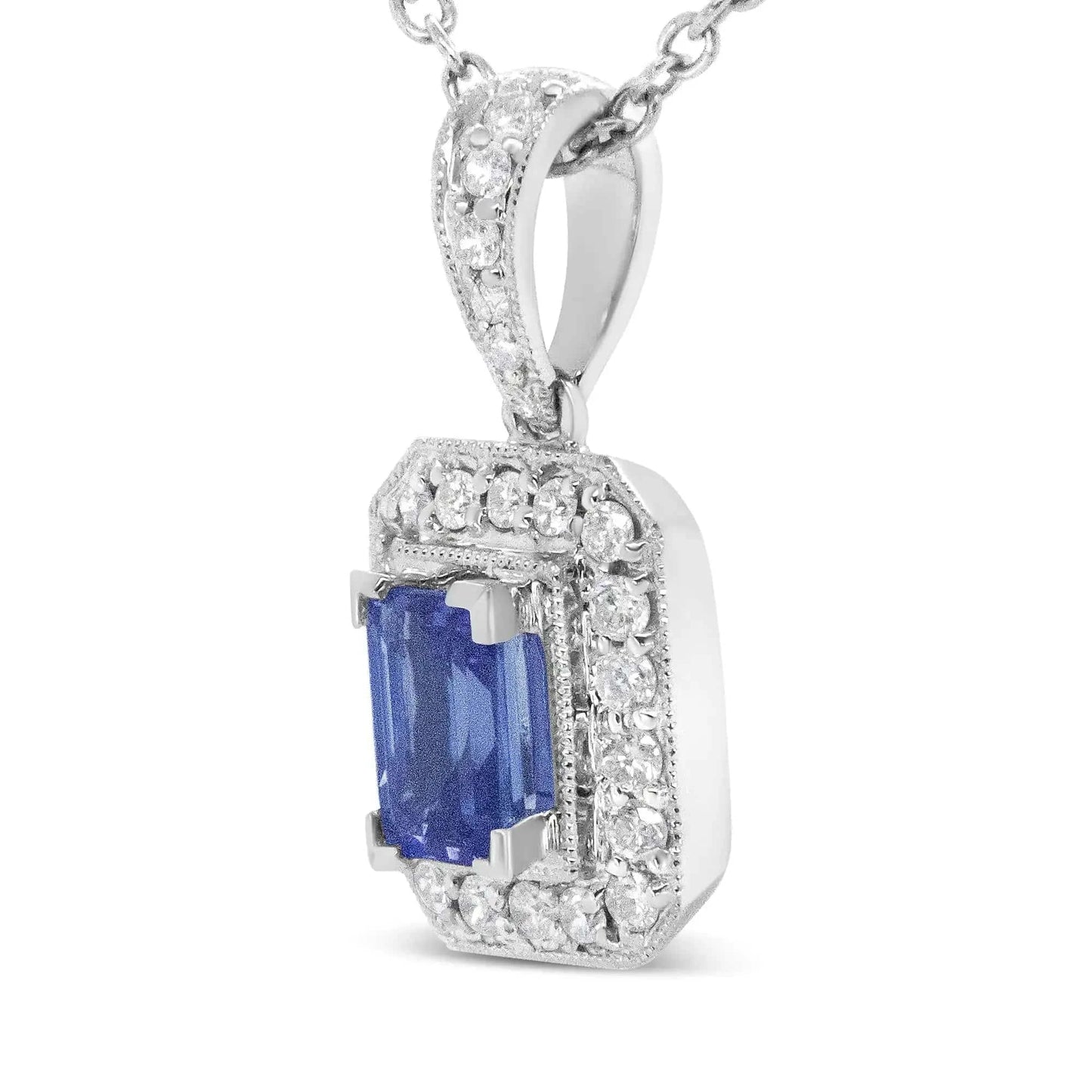 18K White Gold 1/4 Cttw Round Diamond and 6x4mm Purple Tanzanite Halo 18" Pendant Necklace (H-I Color, VS1-VS2 Clarity) Fair Prices Online