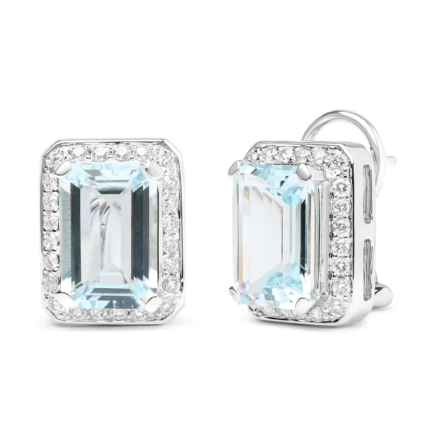18K White Gold 3/4 Cttw Round Diamond and 13x9mm Emerald Cut Blue Aquamarine Gemstone Halo Omega Stud Earrings (G-H Color, SI1-SI2 Clarity) Fair Prices Online