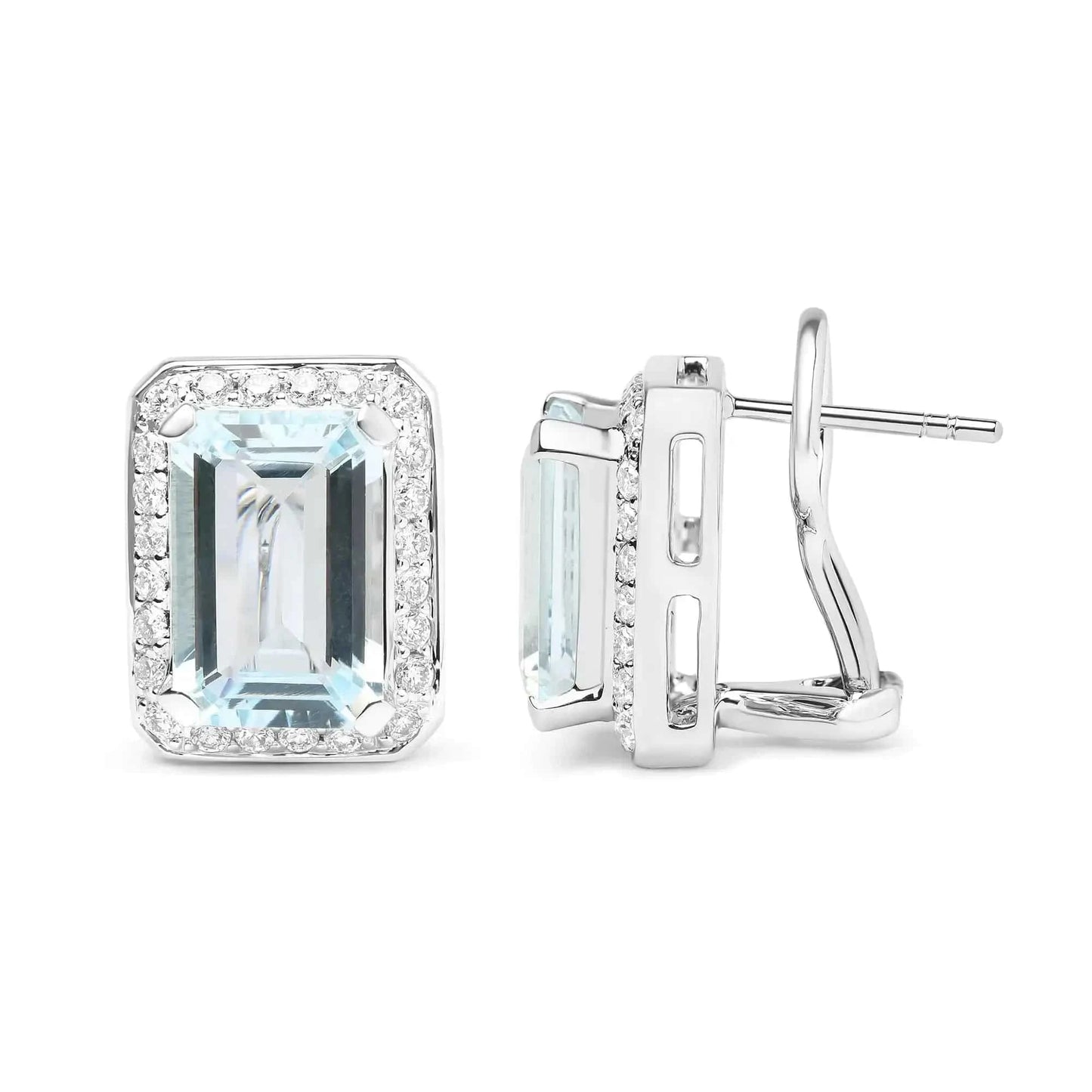 18K White Gold 3/4 Cttw Round Diamond and 13x9mm Emerald Cut Blue Aquamarine Gemstone Halo Omega Stud Earrings (G-H Color, SI1-SI2 Clarity) Fair Prices Online
