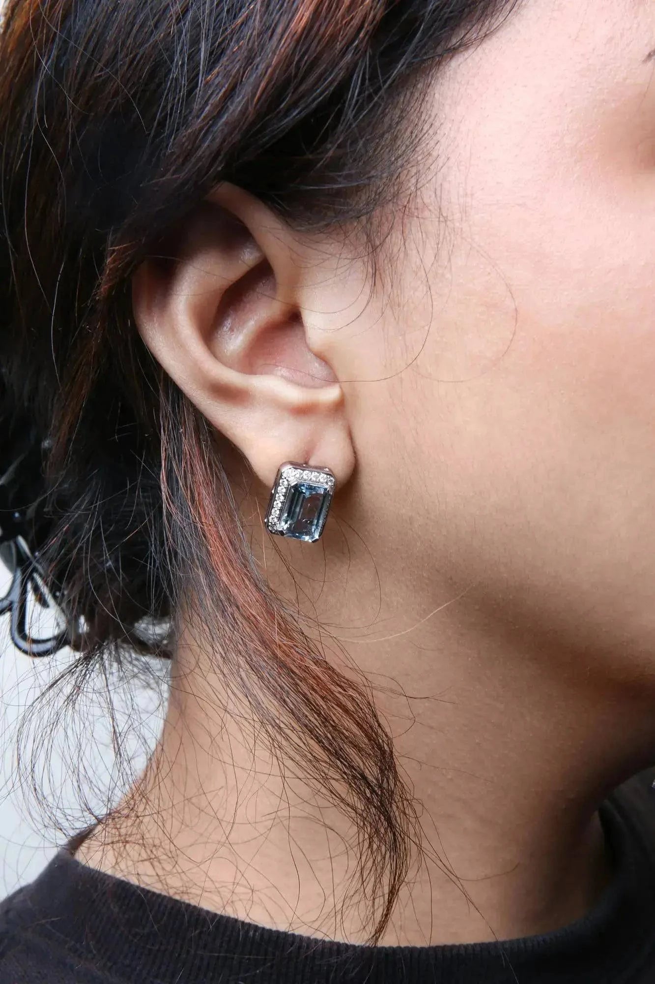 18K White Gold 3/4 Cttw Round Diamond and 13x9mm Emerald Cut Blue Aquamarine Gemstone Halo Omega Stud Earrings (G-H Color, SI1-SI2 Clarity) Fair Prices Online