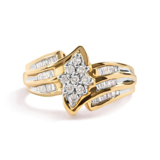 10K Yellow Gold 1/2 Cttw Round And Baguette-cut Diamond Cluster Head and Channel Set Shank Ring (H-I Color, I1-I2 Clarity) Fair Prices Online