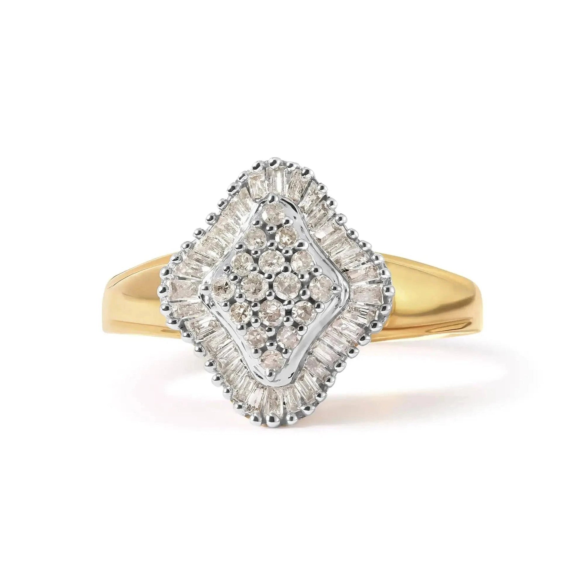 10K Yellow Gold 1/2 Cttw Round And Baguette-cut Diamond Rhombus Head and Halo Ring (I-J Color, I1-I2 Clarity) Fair Prices Online