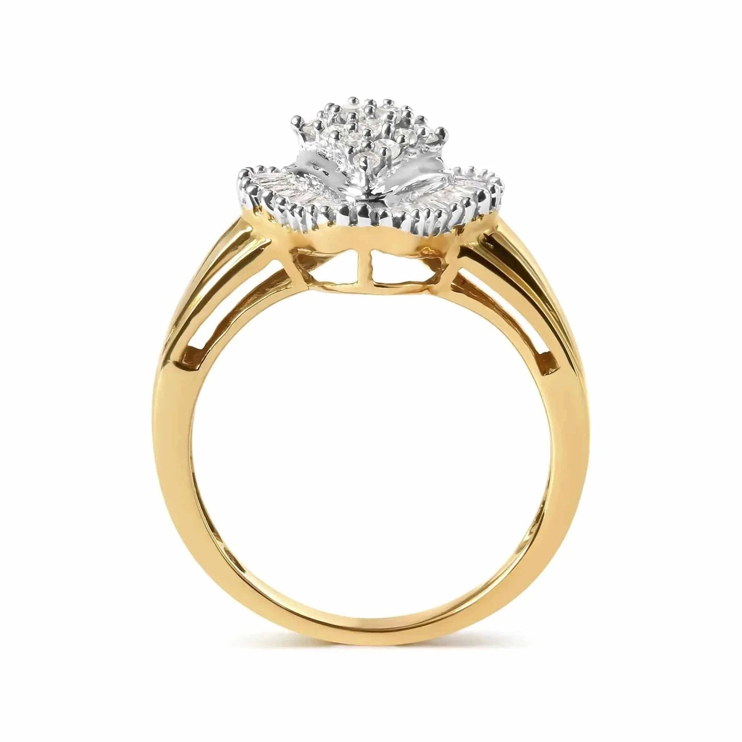 10K Yellow Gold 1/2 Cttw Round And Baguette-cut Diamond Rhombus Head and Halo Ring (I-J Color, I1-I2 Clarity) Fair Prices Online