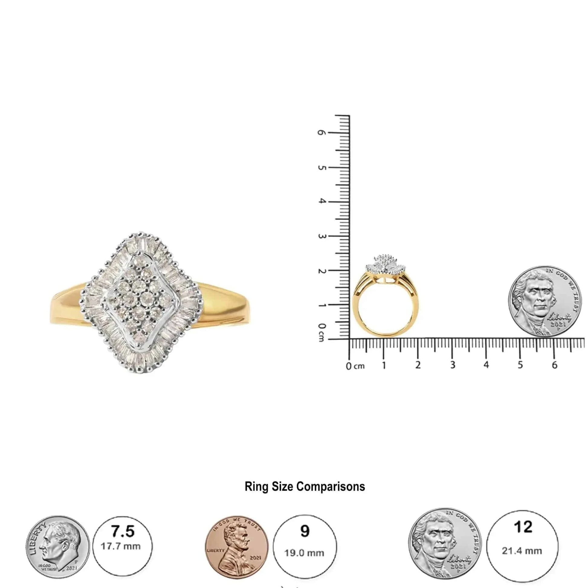10K Yellow Gold 1/2 Cttw Round And Baguette-cut Diamond Rhombus Head and Halo Ring (I-J Color, I1-I2 Clarity) Fair Prices Online