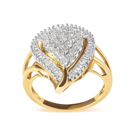 10K Yellow Gold 1 Cttw Round and Baguette Cut Diamond Ballerina Cluster Ring (H-I Color, SI2-I1 Clarity) Fair Prices Online