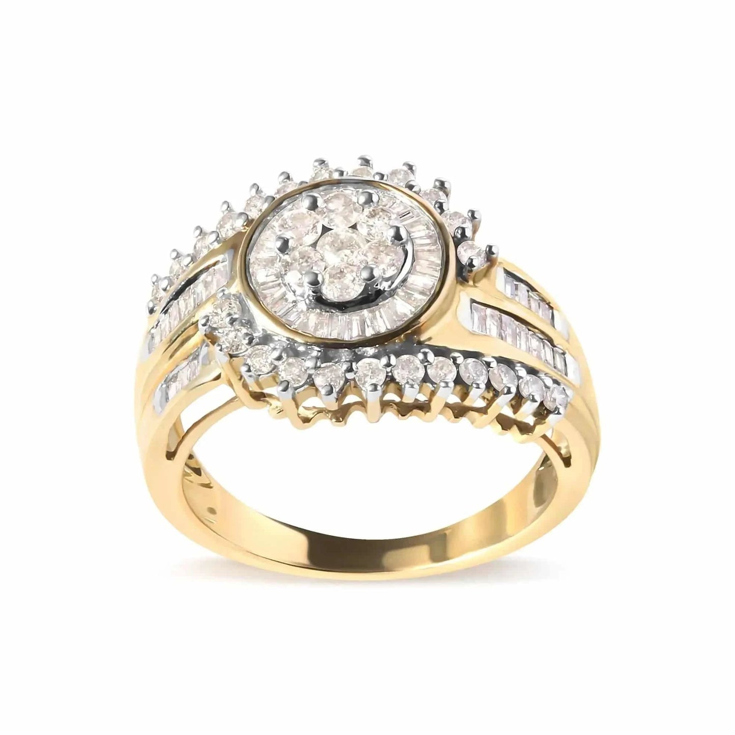 10K Yellow Gold 1 Cttw Round and Baguette cut Diamond Cluster Swirl Band Ring (H-I Color, I1-I2 Clarity) Fair Prices Online