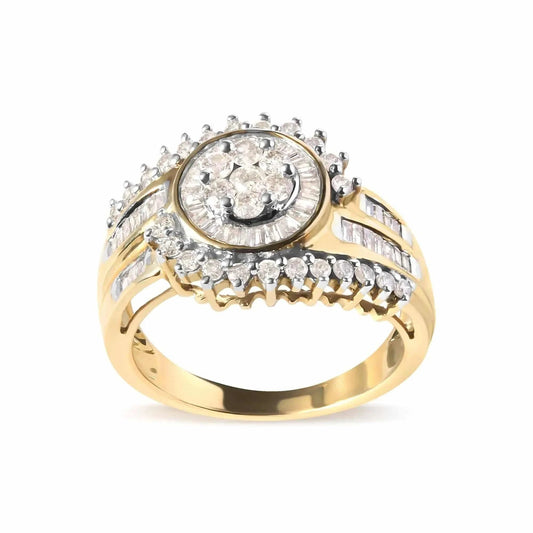 10K Yellow Gold 1 Cttw Round and Baguette cut Diamond Cluster Swirl Band Ring (H-I Color, I1-I2 Clarity) Fair Prices Online