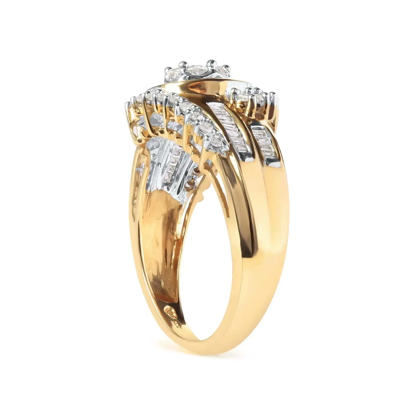 10K Yellow Gold 1 Cttw Round and Baguette cut Diamond Cluster Swirl Band Ring (H-I Color, I1-I2 Clarity) Fair Prices Online