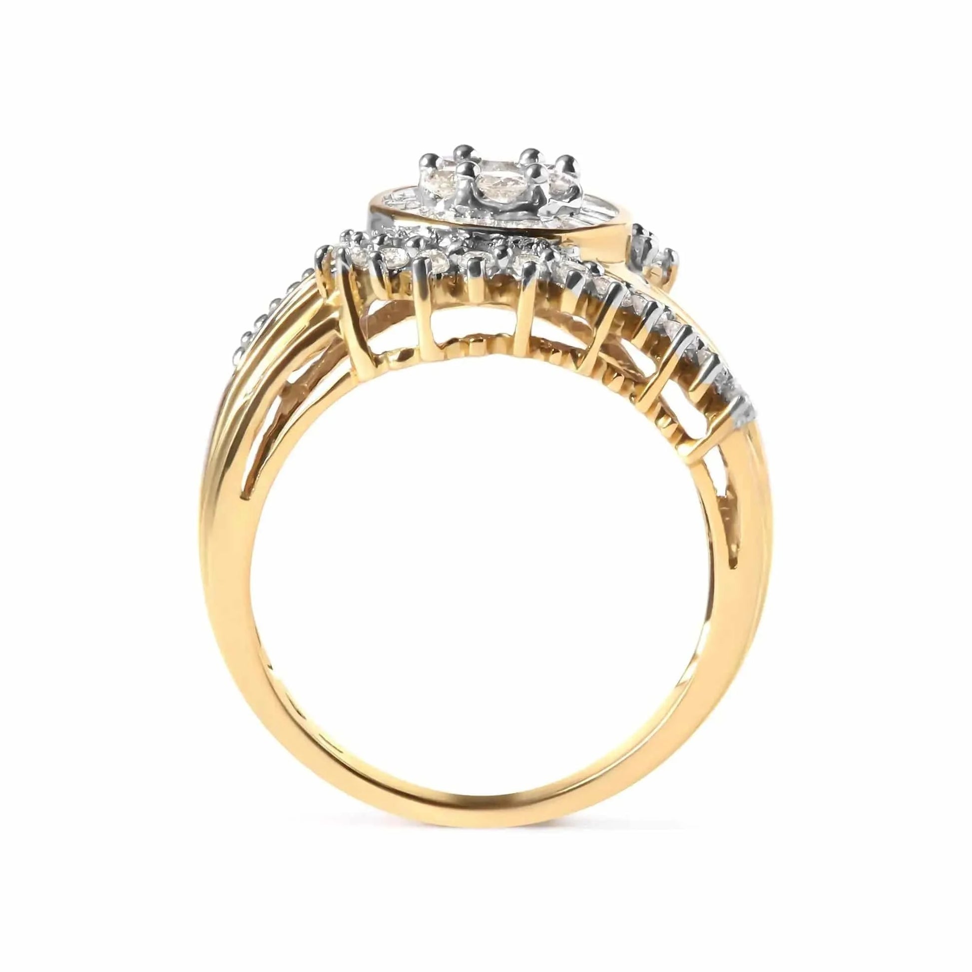 10K Yellow Gold 1 Cttw Round and Baguette cut Diamond Cluster Swirl Band Ring (H-I Color, I1-I2 Clarity) Fair Prices Online