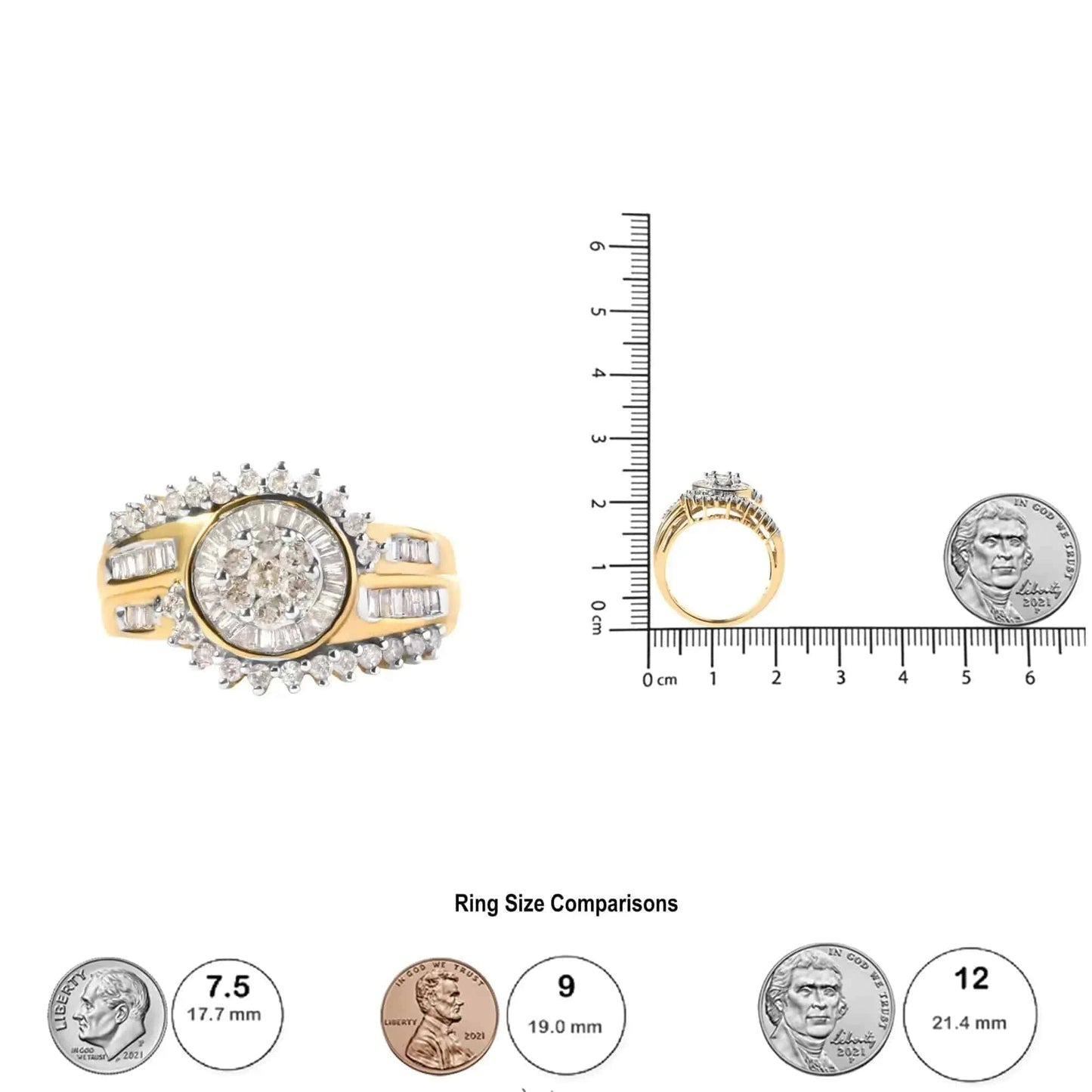 10K Yellow Gold 1 Cttw Round and Baguette cut Diamond Cluster Swirl Band Ring (H-I Color, I1-I2 Clarity) Fair Prices Online