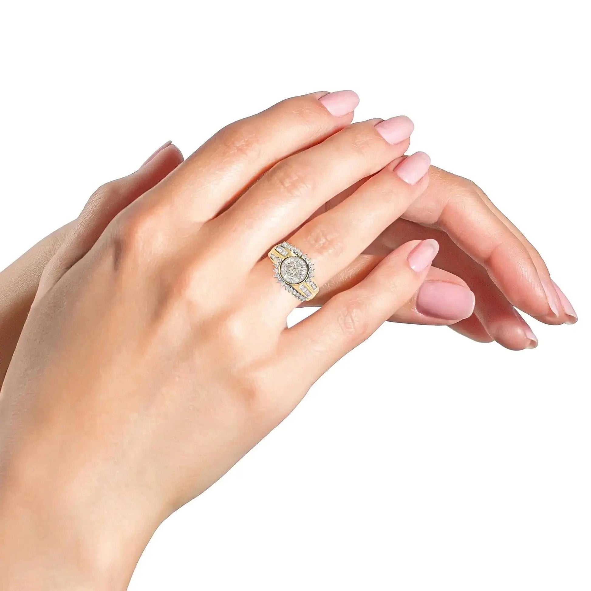 10K Yellow Gold 1 Cttw Round and Baguette cut Diamond Cluster Swirl Band Ring (H-I Color, I1-I2 Clarity) Fair Prices Online