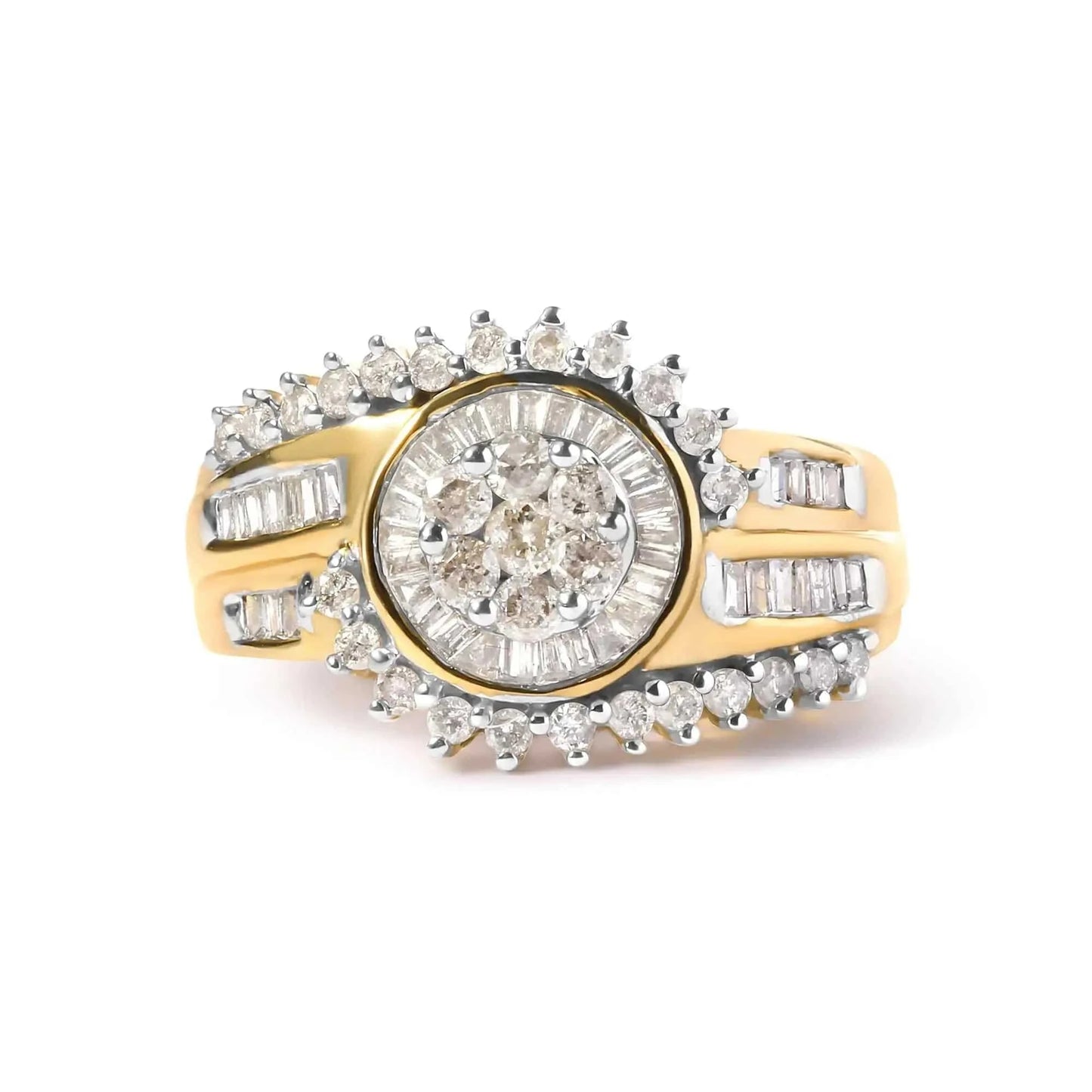10K Yellow Gold 1 Cttw Round and Baguette cut Diamond Cluster Swirl Band Ring (H-I Color, I1-I2 Clarity) Fair Prices Online