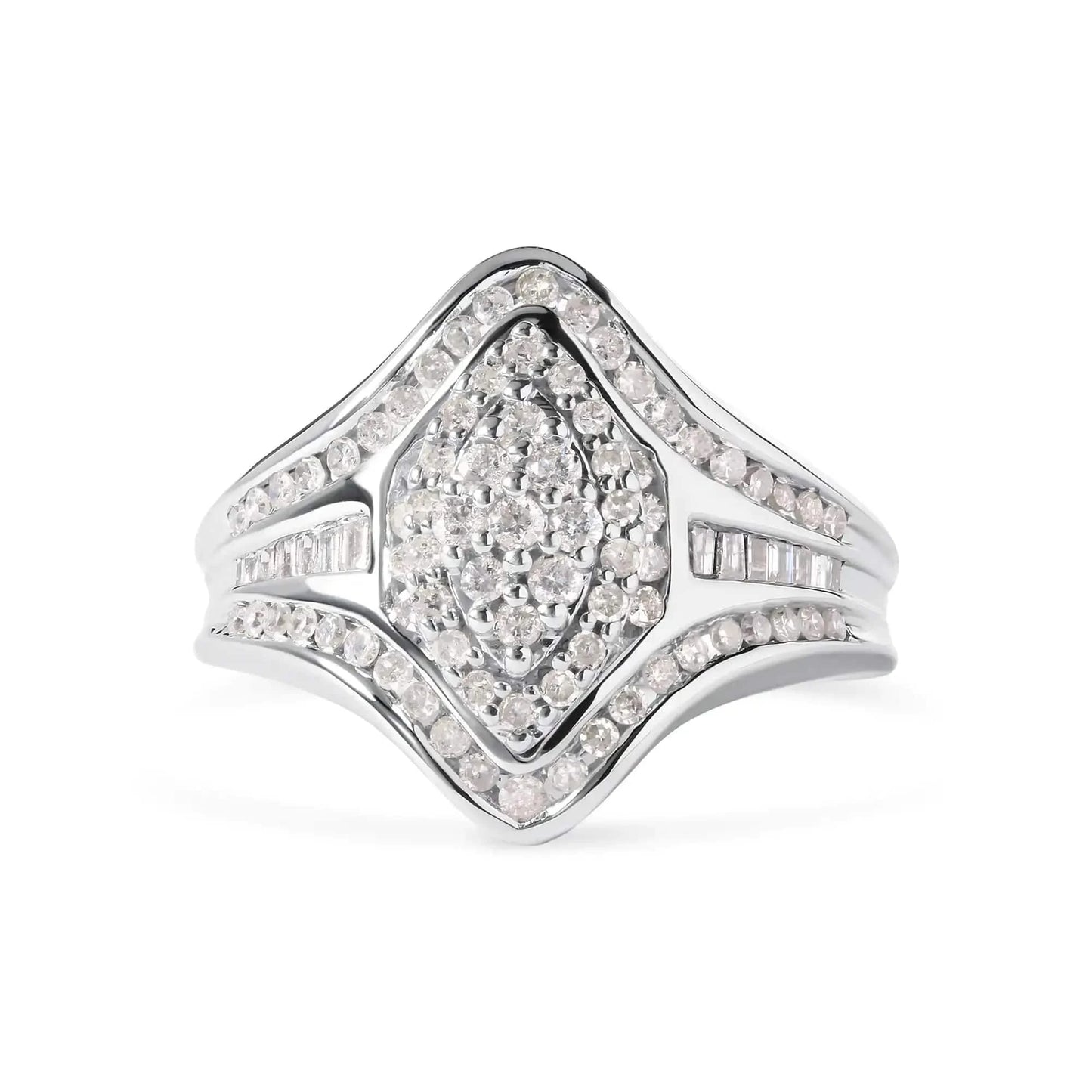 14K White Gold 3/4 Cttw Round and Baguette cut Diamond Cluster Ring (H-I Color, I1-I2 Clarity) Fair Prices Online
