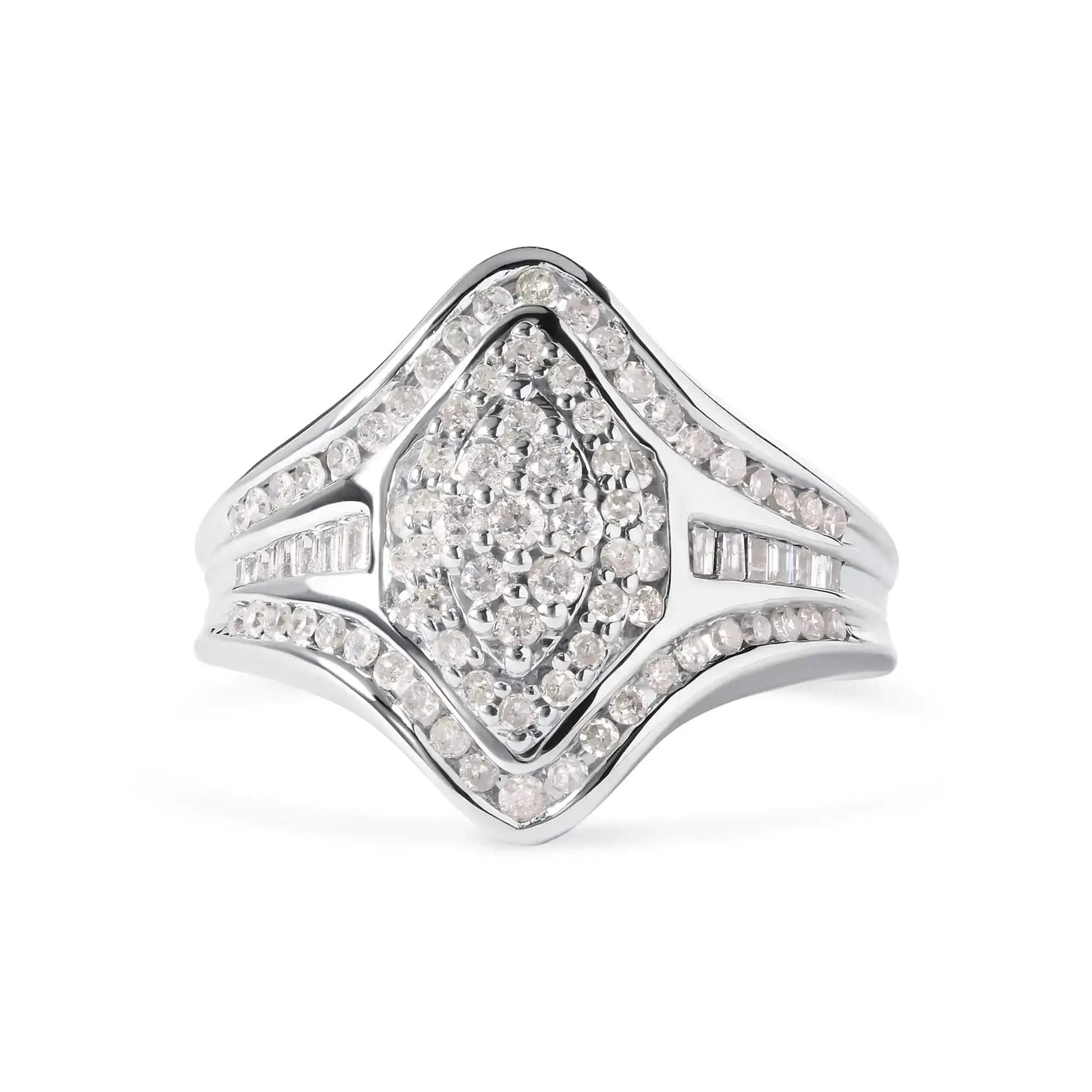 14K White Gold 3/4 Cttw Round and Baguette cut Diamond Cluster Ring (H-I Color, I1-I2 Clarity) Fair Prices Online