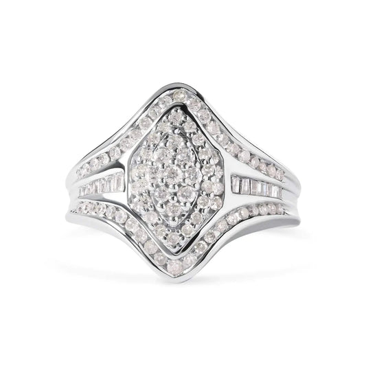14K White Gold 3/4 Cttw Round and Baguette cut Diamond Cluster Ring (H-I Color, I1-I2 Clarity) Fair Prices Online