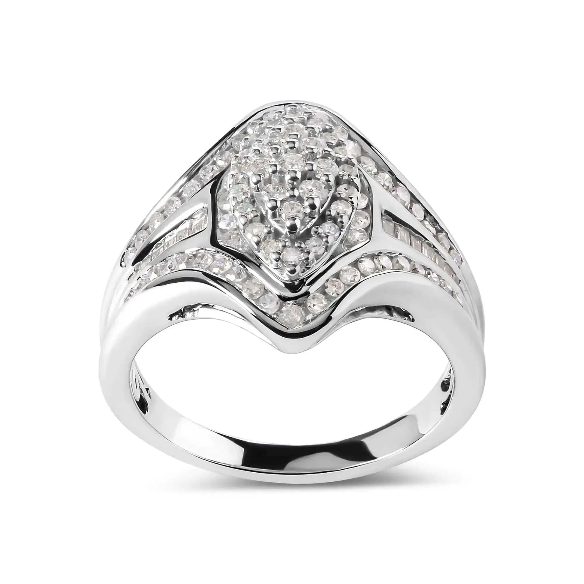 14K White Gold 3/4 Cttw Round and Baguette cut Diamond Cluster Ring (H-I Color, I1-I2 Clarity) Fair Prices Online
