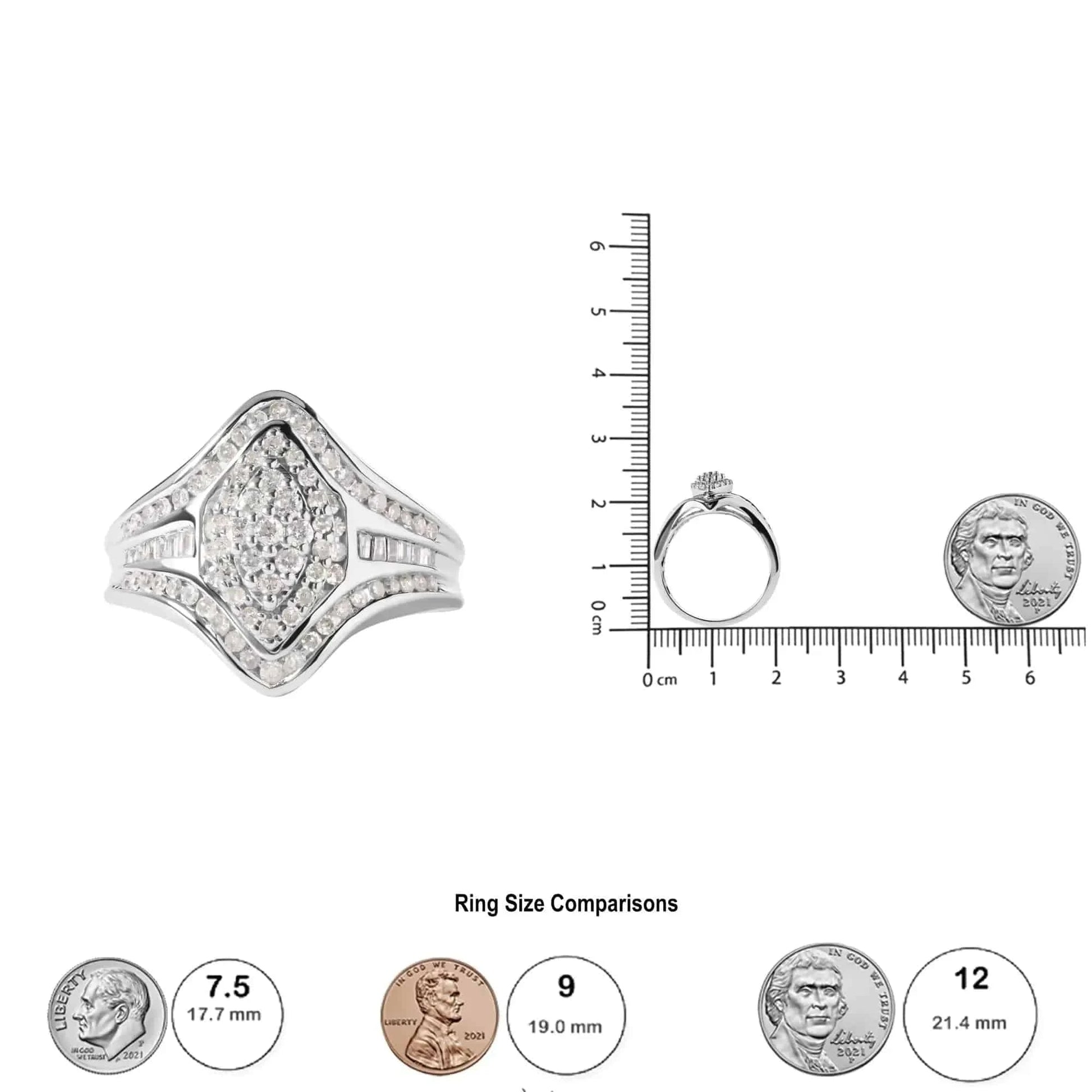 14K White Gold 3/4 Cttw Round and Baguette cut Diamond Cluster Ring (H-I Color, I1-I2 Clarity) Fair Prices Online