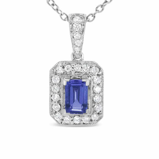 18K White Gold 1/4 Cttw Round Diamond and 6x4mm Purple Tanzanite Halo 18" Pendant Necklace (H-I Color, VS1-VS2 Clarity) Fair Prices Online