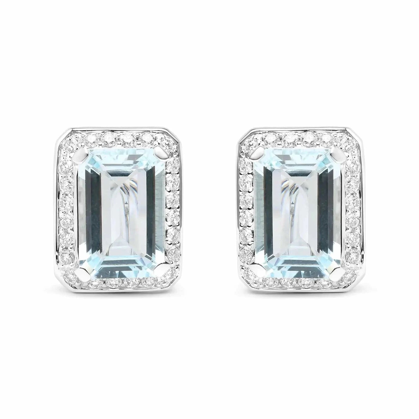 18K White Gold 3/4 Cttw Round Diamond and 13x9mm Emerald Cut Blue Aquamarine Gemstone Halo Omega Stud Earrings (G-H Color, SI1-SI2 Clarity) Fair Prices Online