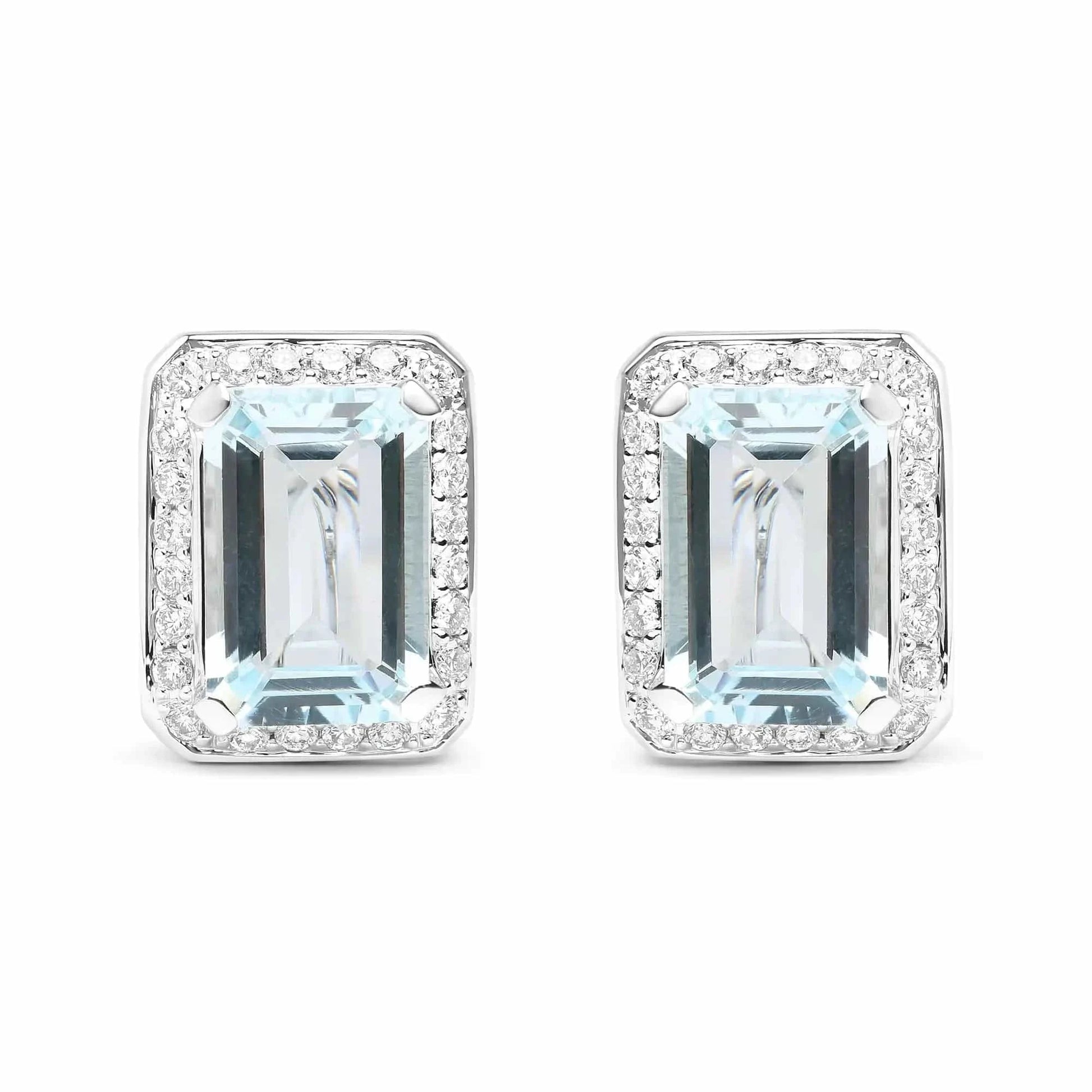 18K White Gold 3/4 Cttw Round Diamond and 13x9mm Emerald Cut Blue Aquamarine Gemstone Halo Omega Stud Earrings (G-H Color, SI1-SI2 Clarity) Fair Prices Online