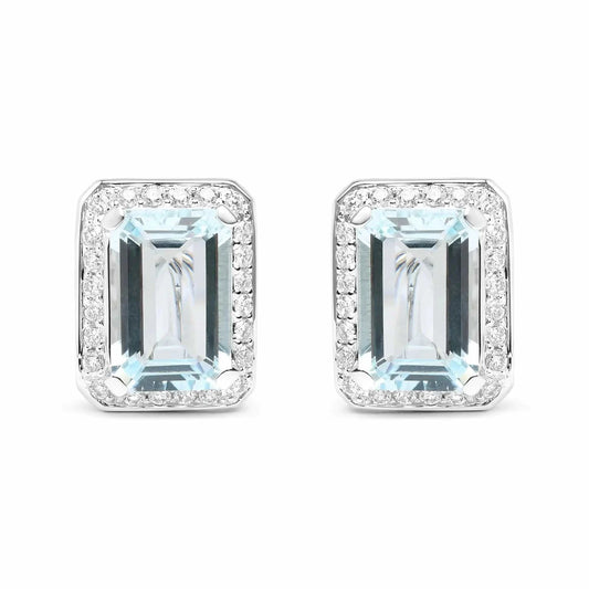 18K White Gold 3/4 Cttw Round Diamond and 13x9mm Emerald Cut Blue Aquamarine Gemstone Halo Omega Stud Earrings (G-H Color, SI1-SI2 Clarity) Fair Prices Online