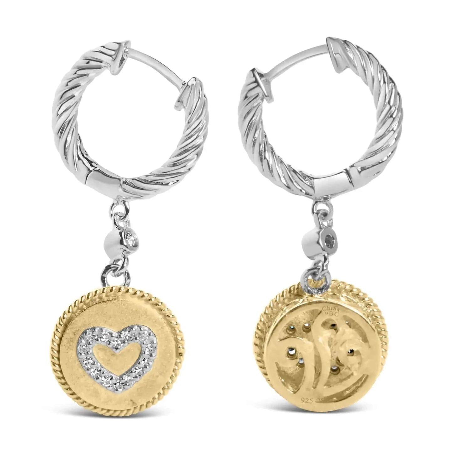 18K Yellow Gold Plated .925 Sterling Silver 1/8 Cttw Diamond Heart Medallion Drop and Dangle Earring (I-J Color, SI1-SI2 Clarity) Fair Prices Online