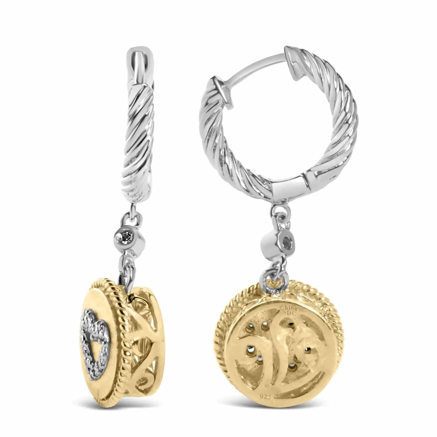 18K Yellow Gold Plated .925 Sterling Silver 1/8 Cttw Diamond Heart Medallion Drop and Dangle Earring (I-J Color, SI1-SI2 Clarity) Fair Prices Online