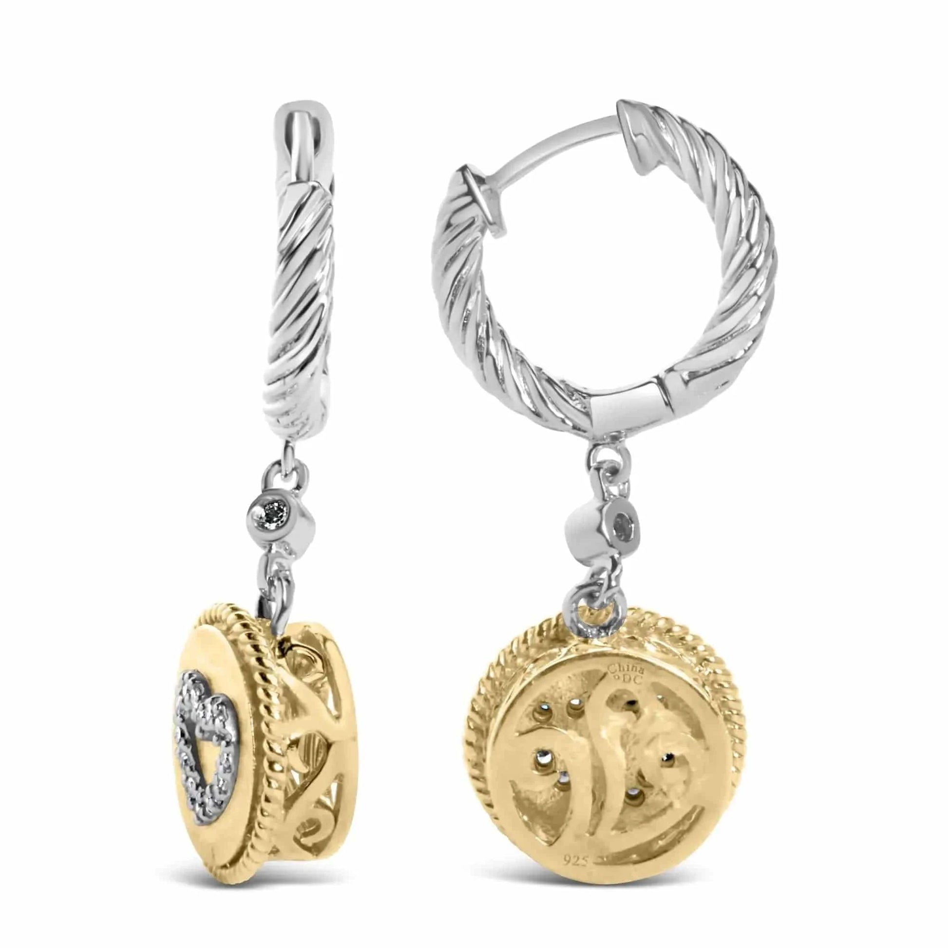 18K Yellow Gold Plated .925 Sterling Silver 1/8 Cttw Diamond Heart Medallion Drop and Dangle Earring (I-J Color, SI1-SI2 Clarity) Fair Prices Online