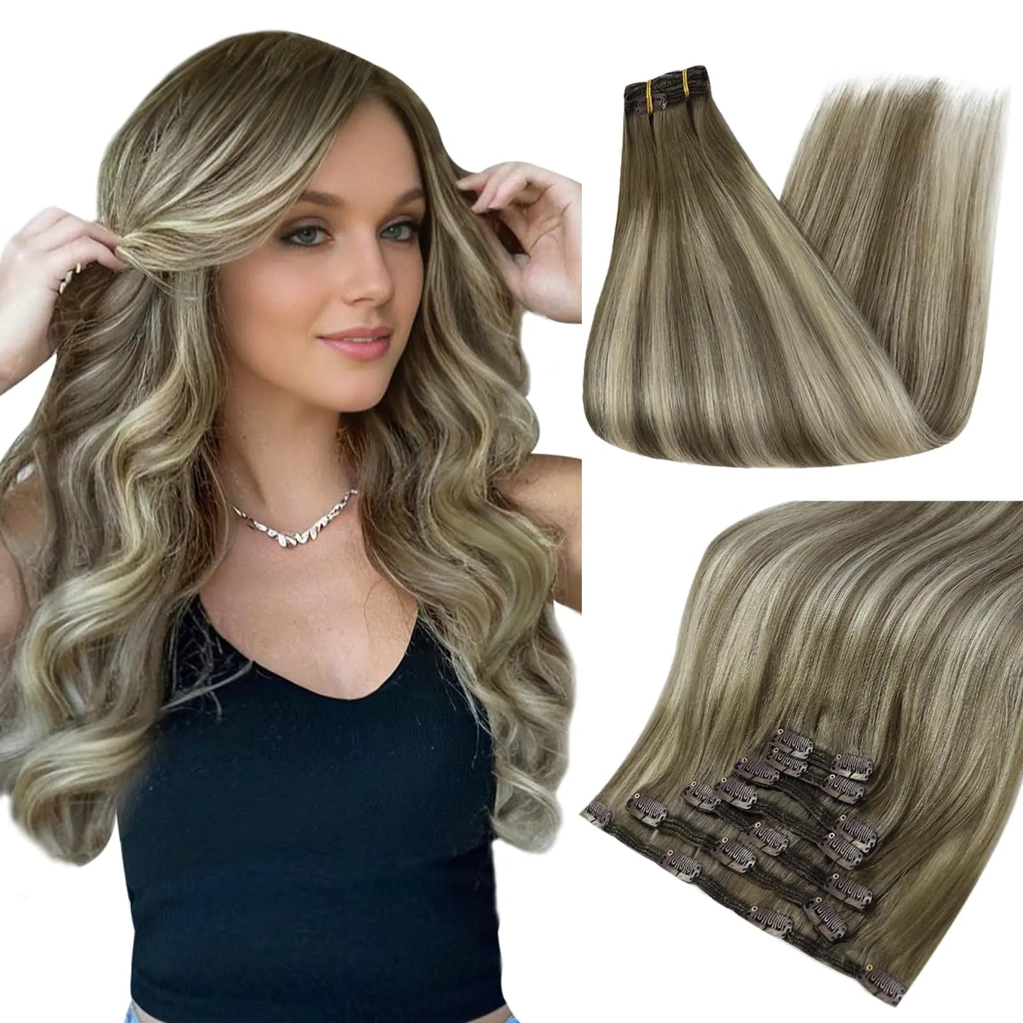 Full Shine Clip in Human Hair Extensions 20 Inch Seamless Clip in Hair Extensions Straight Remy Hair Cool Taupe Ombre Highlight Blonde Damage Free Hair Extensions Clip ins 20 Inch(Pack of 1) #7/800/7 Cool Taupe Mix Blonde Fair Prices Online