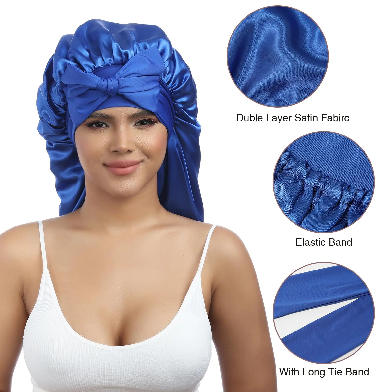 AWAYTR Long Satin Bonnet for Women - Double Layer Elastic Silk Bonnet for Braids Hair Sleeping Cap with Tie Band (Royal Blue) One Size Royal Blue Fair Prices Online