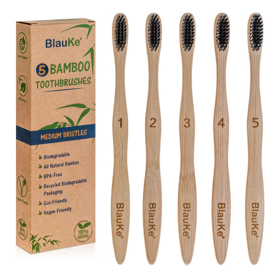 Bamboo Toothbrush Set 5-Pack - Bamboo Toothbrushes with Medium Bristles for Adults - Eco-Friendly, Biodegradable, Natural Wooden Toothbrushes with Black Charcoal Bristles Fair Prices Online