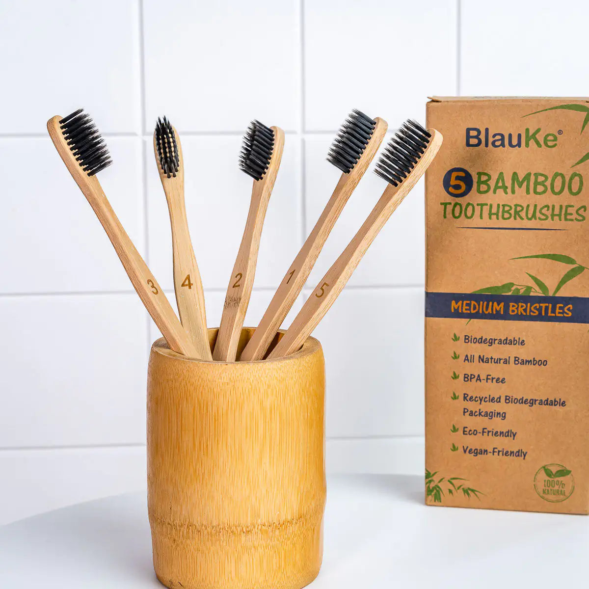 Bamboo Toothbrush Set 5-Pack - Bamboo Toothbrushes with Medium Bristles for Adults - Eco-Friendly, Biodegradable, Natural Wooden Toothbrushes with Black Charcoal Bristles Fair Prices Online