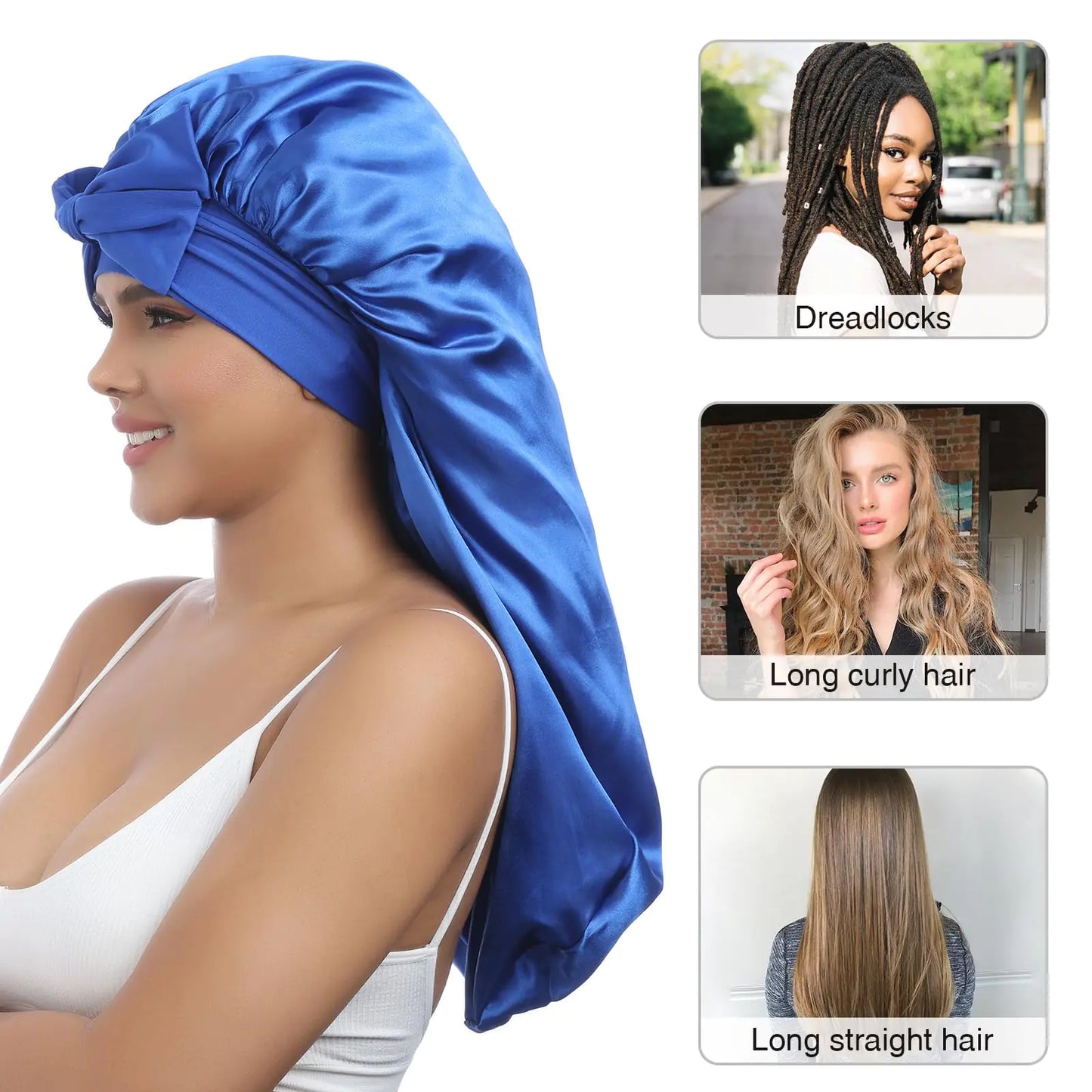 AWAYTR Long Satin Bonnet for Women - Double Layer Elastic Silk Bonnet for Braids Hair Sleeping Cap with Tie Band (Royal Blue) One Size Royal Blue Fair Prices Online