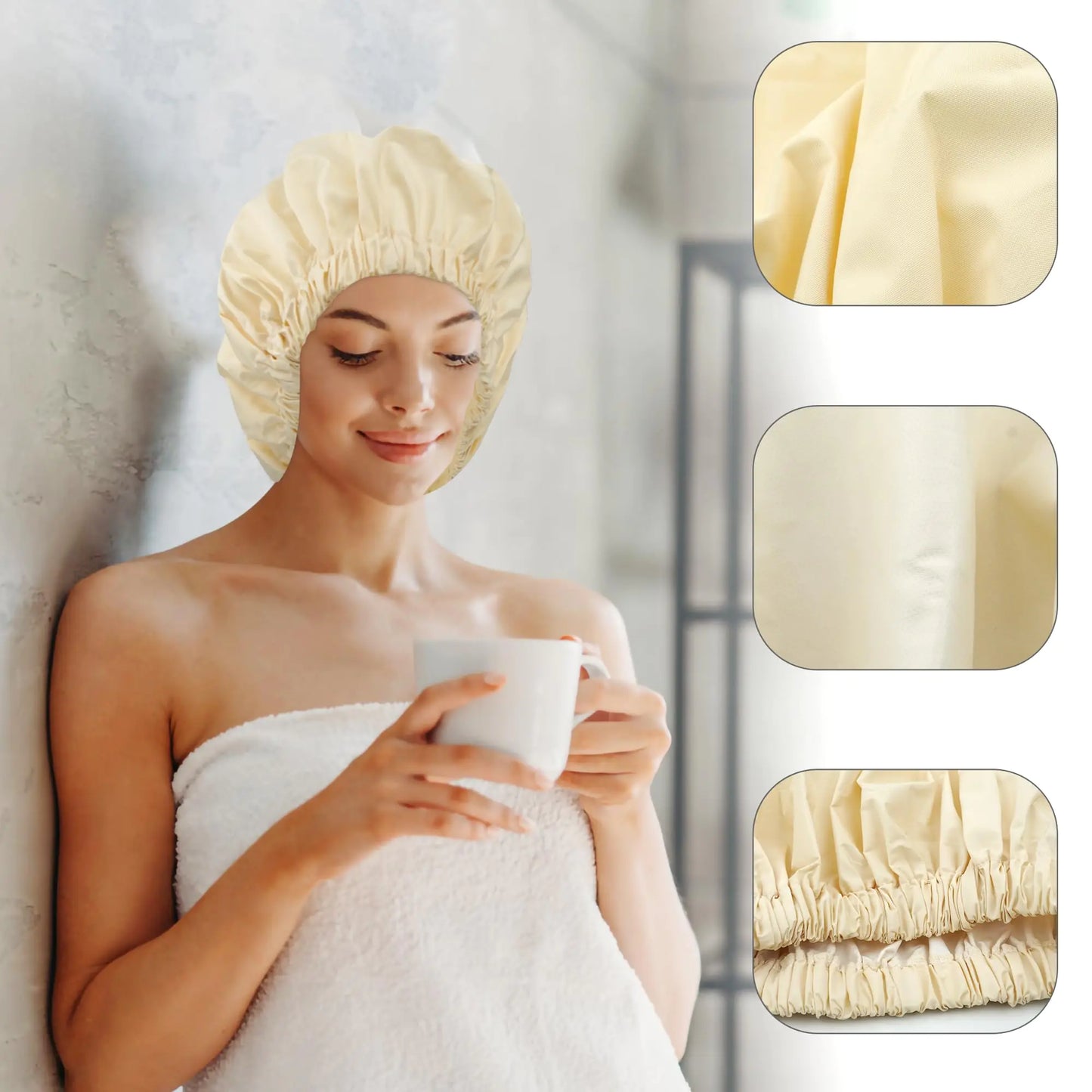 Reusable Shower Cap for Women, Large Waterproof Shower Bonnet Washable Elastic Band Bath Hair Hat for Long Hair, Braids(Champagne) Light Champagne Fair Prices Online