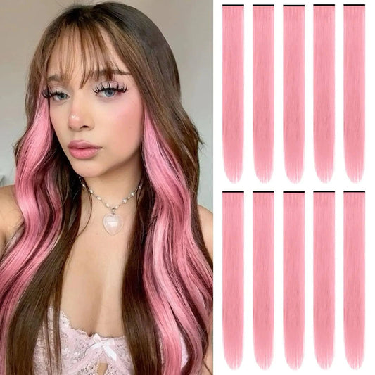 22 inch Colored Hair Extensions Straight Hairpiece, Multi-colors Party Highlights Clip in Synthetic Hair Extensions for Kids Women Gift (10 PCS Pink) Fair Prices Online