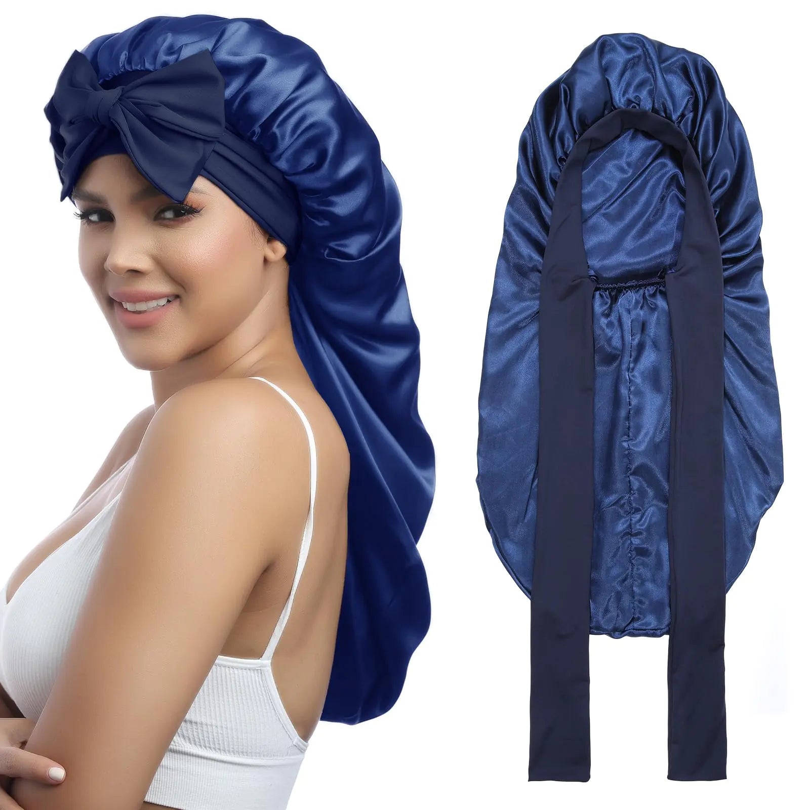 AWAYTR Long Satin Bonnet for Women - Double Layer Elastic Silk Bonnet for Braids Hair Sleeping Cap with Tie Band (Royal Blue) One Size Royal Blue Fair Prices Online