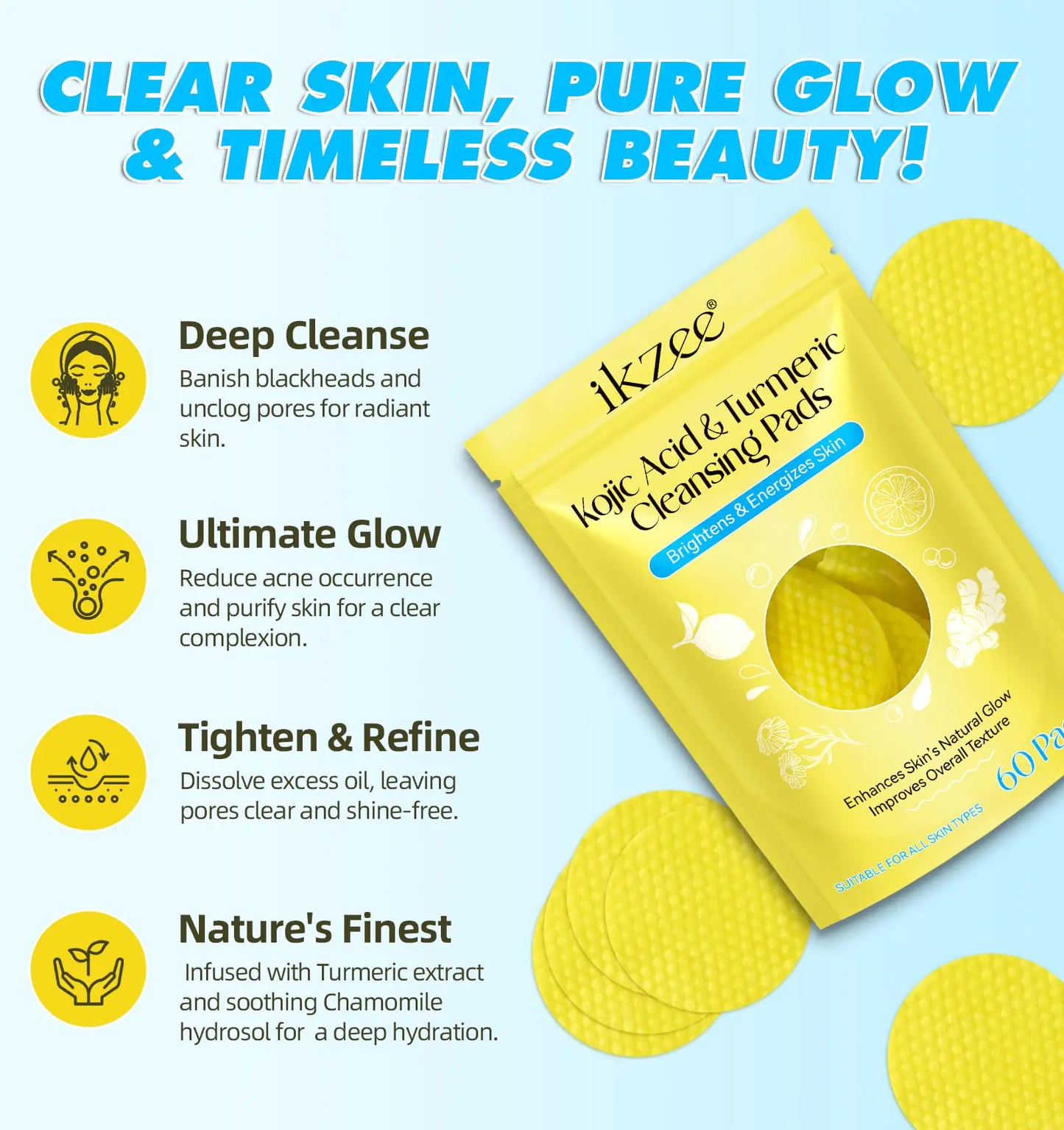 Kojic Acid and Turmeric Cleansing Pads, Turmeric Kojic Acid Lemon Chamomile Pads, Kojic Acid Turmeric Cleansing Pads for Face -60PCS Yellow-60PCS 60 Count (Pack of 1) Fair Prices Online