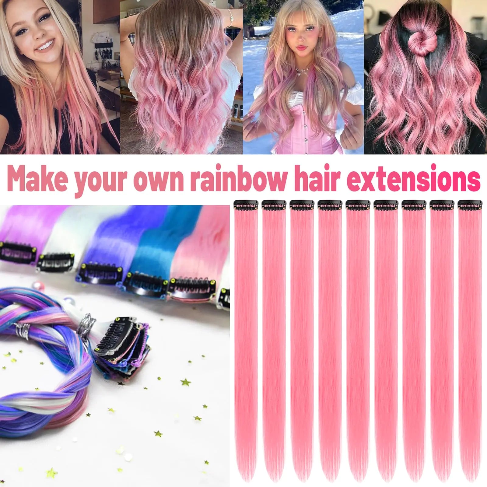 22 inch Colored Hair Extensions Straight Hairpiece, Multi-colors Party Highlights Clip in Synthetic Hair Extensions for Kids Women Gift (10 PCS Pink) Fair Prices Online