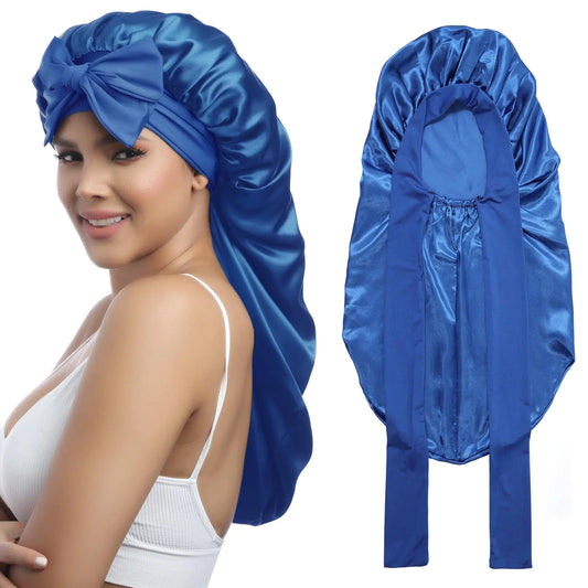 AWAYTR Long Satin Bonnet for Women - Double Layer Elastic Silk Bonnet for Braids Hair Sleeping Cap with Tie Band (Royal Blue) One Size Royal Blue Fair Prices Online